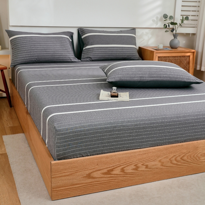 91家纺网 家纺一手货源 找家纺 春皖家纺 2026新款色织AB版水洗棉三件套四件套单品系列（单床笠-A版风格一） 素雅-灰条