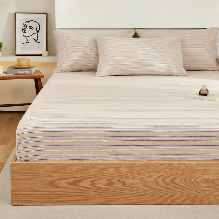 91家纺网 家纺一手货源 找家纺 春皖家纺 2026新款色织AB版水洗棉三件套四件套单品系列（单床笠-A版风格一） 素雅-杏黄纹