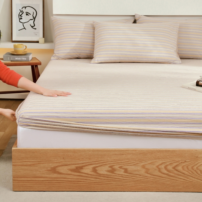 春皖家纺 2026新款色织AB版水洗棉三件套四件套单品系列（单床笠-A版风格一） 素雅-杏黄纹