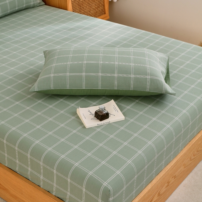 91家纺网 家纺一手货源 找家纺 春皖家纺 2026新款色织AB版水洗棉三件套四件套单品系列（单床笠-A版风格一） 素雅-韵绿