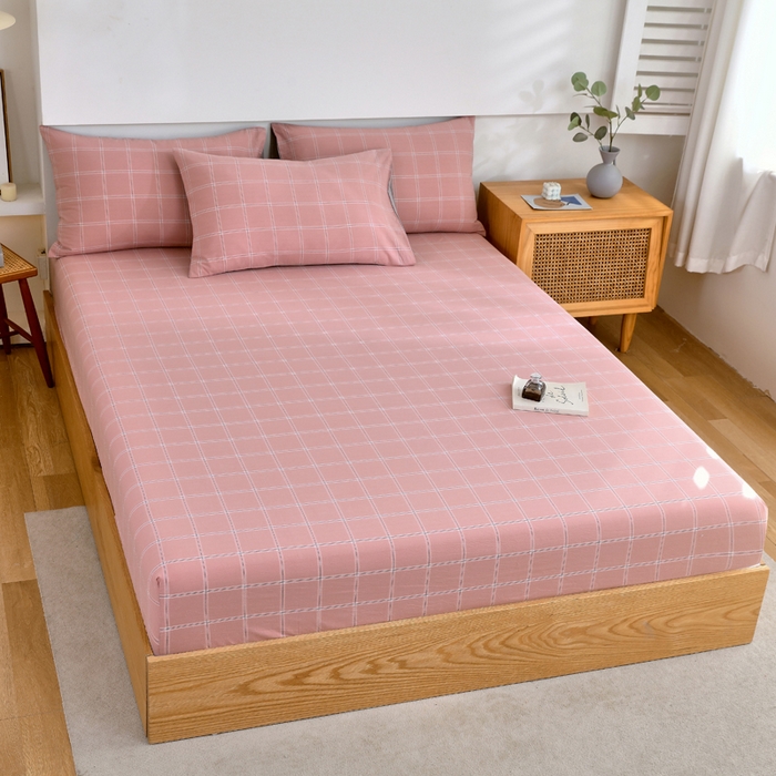 91家纺网 家纺一手货源 找家纺 春皖家纺 2026新款色织AB版水洗棉三件套四件套单品系列（单床笠-A版风格一） 素雅-韵粉