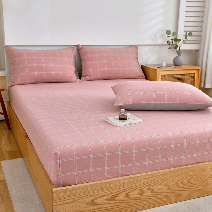 91家纺网 家纺一手货源 找家纺 春皖家纺 2026新款色织AB版水洗棉三件套四件套单品系列（单床笠-A版风格一） 素雅-韵粉