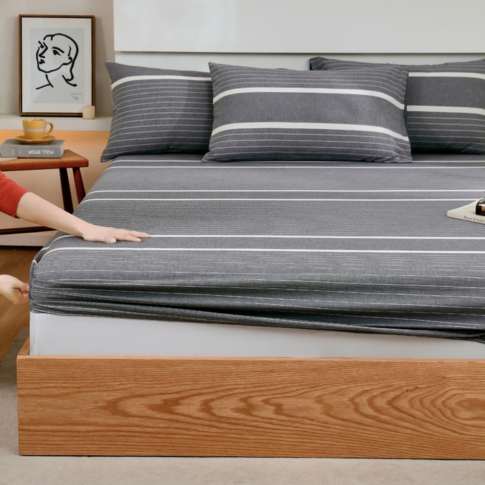 91家纺网 家纺一手货源 找家纺 春皖家纺 2026新款色织AB版水洗棉三件套四件套单品系列（单床笠-A版风格一） 素雅-灰条