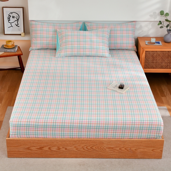 91家纺网 家纺一手货源 找家纺 春皖家纺 2026新款色织AB版水洗棉三件套四件套单品系列（单床笠-A版风格一） 翠竹-绿格