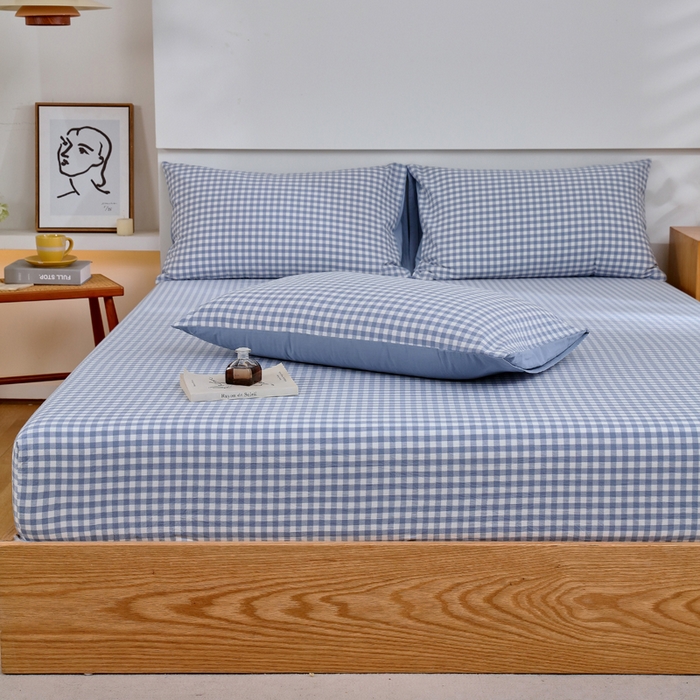 91家纺网 家纺一手货源 找家纺 春皖家纺 2026新款色织AB版水洗棉三件套四件套单品系列（单床笠-A版风格一） 素雅-蓝小格