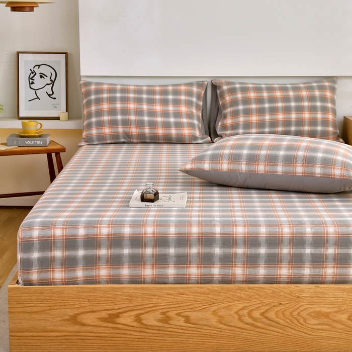 91家纺网 家纺一手货源 找家纺 春皖家纺 2026新款色织AB版水洗棉三件套四件套单品系列（单床笠-A版风格一） 栗木-咖格