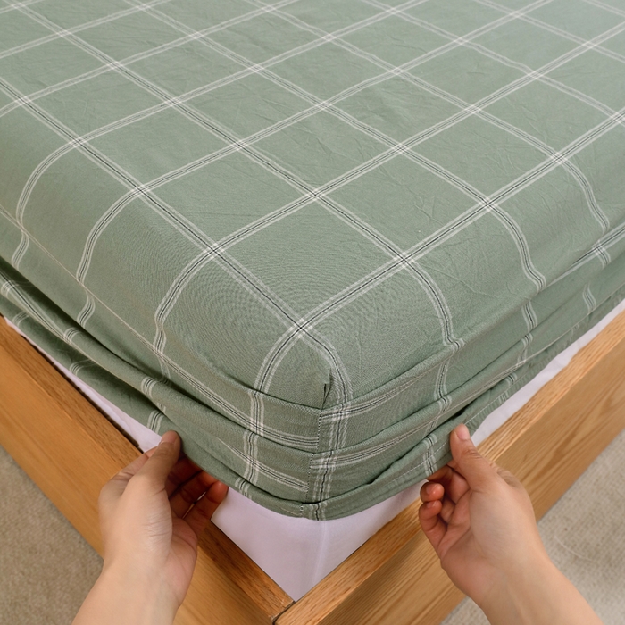 91家纺网 家纺一手货源 找家纺 春皖家纺 2026新款色织AB版水洗棉三件套四件套单品系列（单床笠-A版风格一） 素雅-韵绿