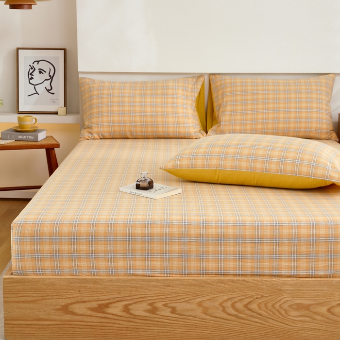 91家纺网 家纺一手货源 找家纺 春皖家纺 2026新款色织AB版水洗棉三件套四件套单品系列（单床笠-A版风格一） 素雅-黄条