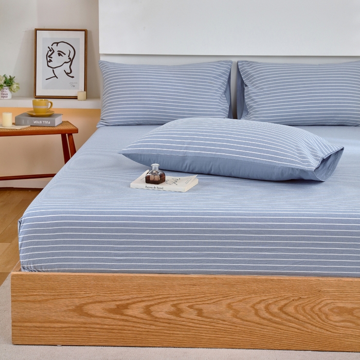 91家纺网 家纺一手货源 找家纺 春皖家纺 2026新款色织AB版水洗棉三件套四件套单品系列（单床笠-A版风格一） 素雅-蓝条