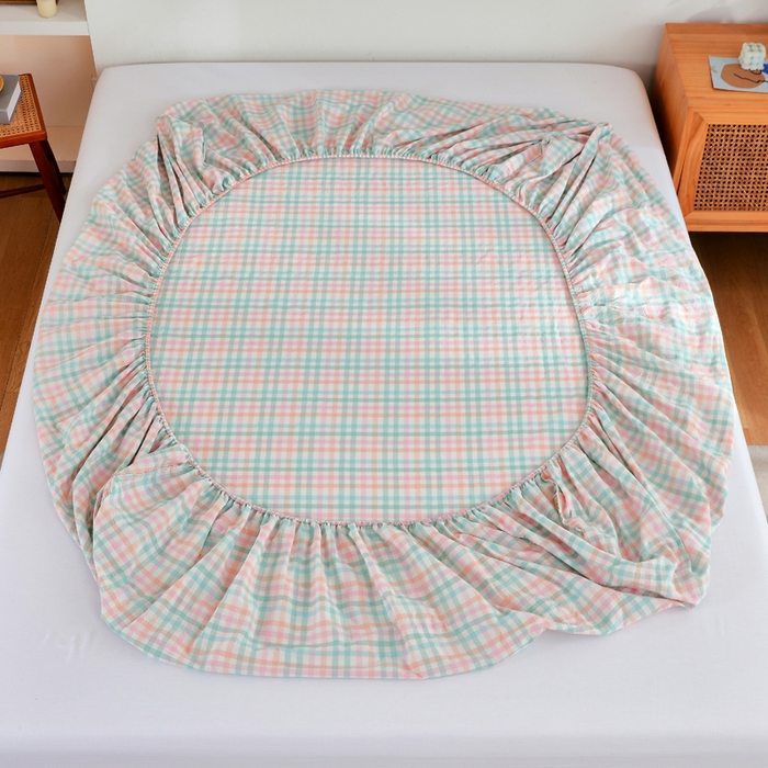 91家纺网 家纺一手货源 找家纺 春皖家纺 2026新款色织AB版水洗棉三件套四件套单品系列（单床笠-A版风格一） 翠竹-绿格