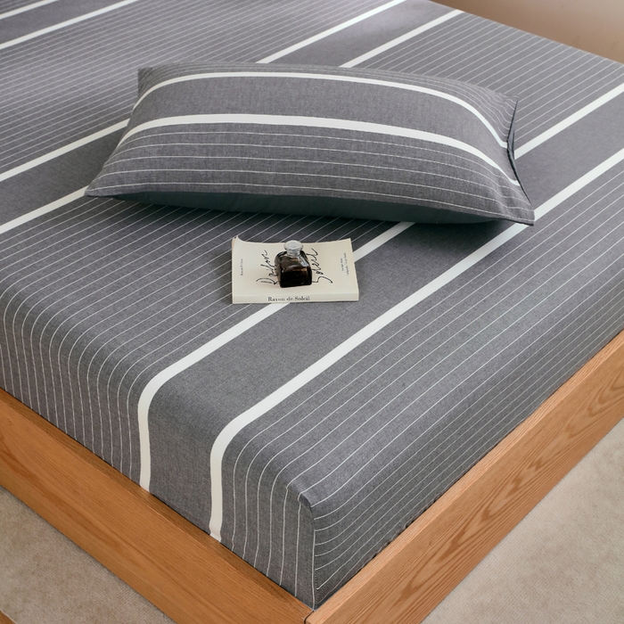 91家纺网 家纺一手货源 找家纺 春皖家纺 2026新款色织AB版水洗棉三件套四件套单品系列（单床笠-A版风格一） 素雅-灰条