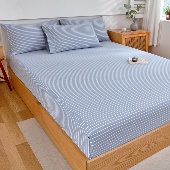 91家纺网 家纺一手货源 找家纺 春皖家纺 2026新款色织AB版水洗棉三件套四件套单品系列（单床笠-A版风格一） 素雅-蓝条