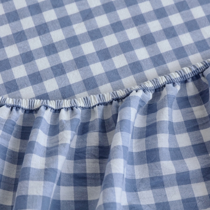 91家纺网 家纺一手货源 找家纺 春皖家纺 2026新款色织AB版水洗棉三件套四件套单品系列（单床笠-A版风格一） 素雅-蓝小格