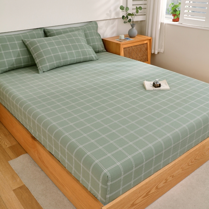 91家纺网 家纺一手货源 找家纺 春皖家纺 2026新款色织AB版水洗棉三件套四件套单品系列（单床笠-A版风格一） 素雅-韵绿