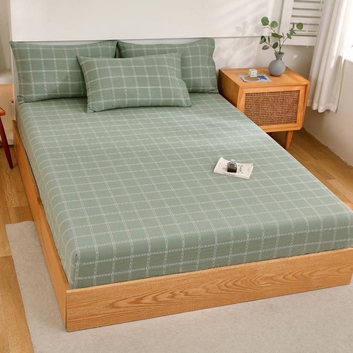 91家纺网 家纺一手货源 找家纺 春皖家纺 2026新款色织AB版水洗棉三件套四件套单品系列（单床笠-A版风格一） 素雅-韵绿