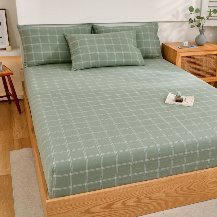 91家纺网 家纺一手货源 找家纺 春皖家纺 2026新款色织AB版水洗棉三件套四件套单品系列（单床笠-A版风格一） 素雅-韵绿