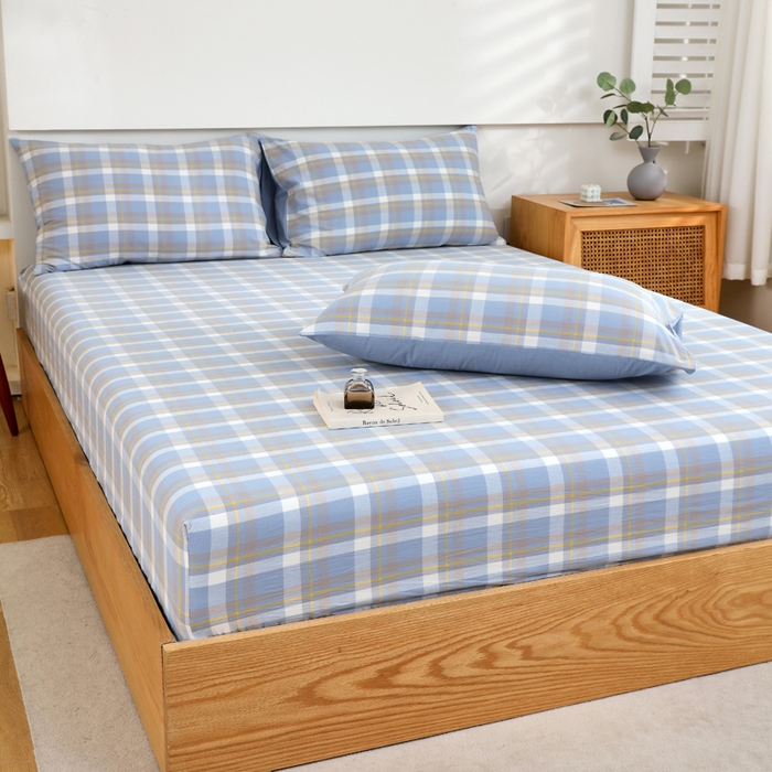 春皖家纺 2026新款色织AB版水洗棉三件套四件套单品系列（单床笠-A版风格一） 素雅-蓝格