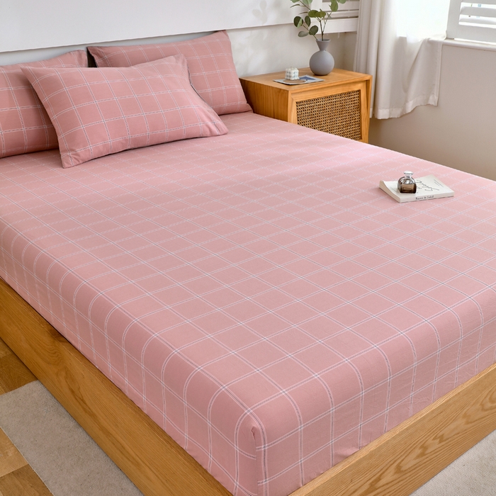 91家纺网 家纺一手货源 找家纺 春皖家纺 2026新款色织AB版水洗棉三件套四件套单品系列（单床笠-A版风格一） 素雅-韵粉