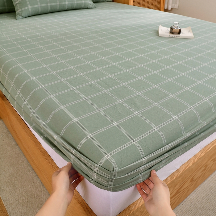 91家纺网 家纺一手货源 找家纺 春皖家纺 2026新款色织AB版水洗棉三件套四件套单品系列（单床笠-A版风格一） 素雅-韵绿