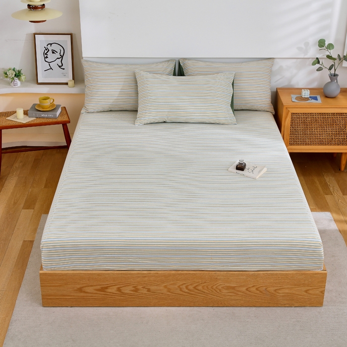 春皖家纺 2026新款色织AB版水洗棉三件套四件套单品系列（单床笠-A版风格一） 素雅-绿条