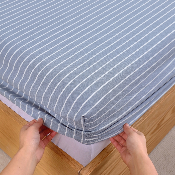 91家纺网 家纺一手货源 找家纺 春皖家纺 2026新款色织AB版水洗棉三件套四件套单品系列（单床笠-A版风格一） 素雅-蓝条