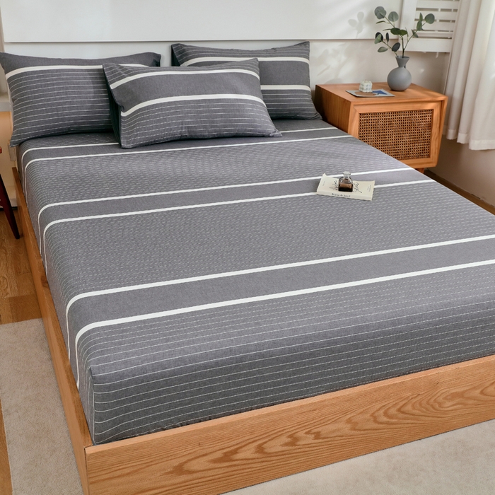 91家纺网 家纺一手货源 找家纺 春皖家纺 2026新款色织AB版水洗棉三件套四件套单品系列（单床笠-A版风格一） 素雅-灰条