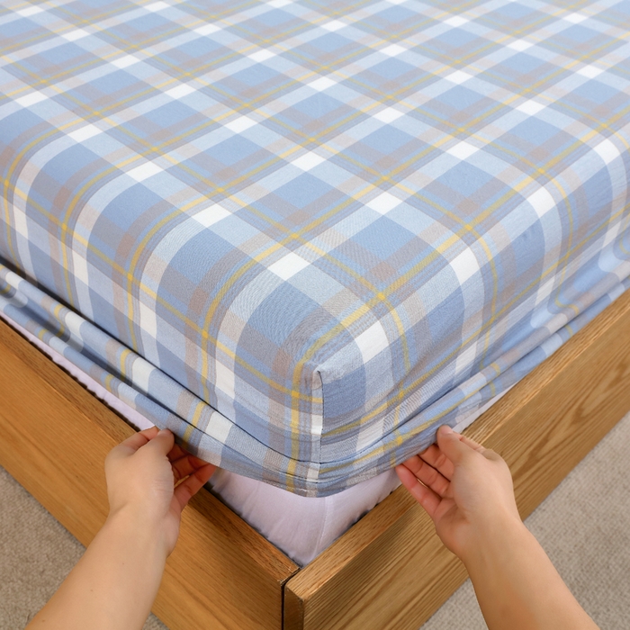 91家纺网 家纺一手货源 找家纺 春皖家纺 2026新款色织AB版水洗棉三件套四件套单品系列（单床笠-A版风格一） 素雅-蓝格