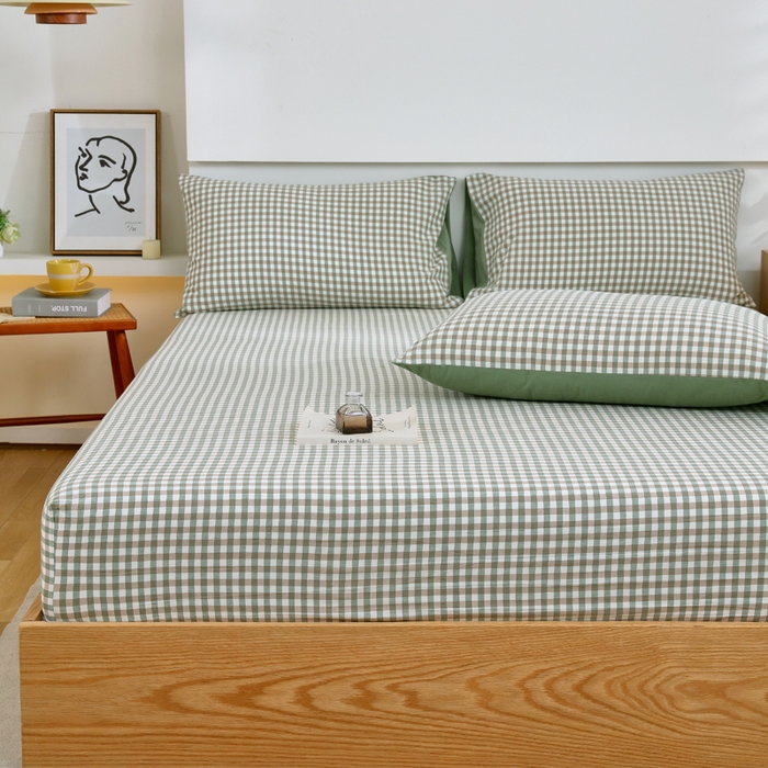 91家纺网 家纺一手货源 找家纺 春皖家纺 2026新款色织AB版水洗棉三件套四件套单品系列（单床笠-A版风格一） 素雅-绿格