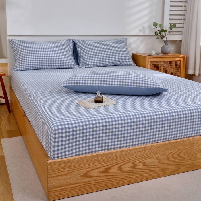 91家纺网 家纺一手货源 找家纺 春皖家纺 2026新款色织AB版水洗棉三件套四件套单品系列（单床笠-A版风格一） 素雅-蓝小格