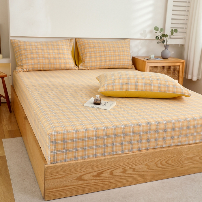 91家纺网 家纺一手货源 找家纺 春皖家纺 2026新款色织AB版水洗棉三件套四件套单品系列（单床笠-A版风格一） 素雅-黄条