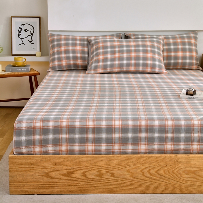 91家纺网 家纺一手货源 找家纺 春皖家纺 2026新款色织AB版水洗棉三件套四件套单品系列（单床笠-A版风格一） 栗木-咖格