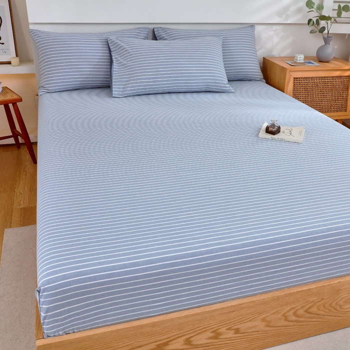 91家纺网 家纺一手货源 找家纺 春皖家纺 2026新款色织AB版水洗棉三件套四件套单品系列（单床笠-A版风格一） 素雅-蓝条