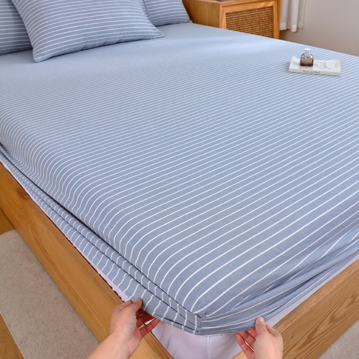 91家纺网 家纺一手货源 找家纺 春皖家纺 2026新款色织AB版水洗棉三件套四件套单品系列（单床笠-A版风格一） 素雅-蓝条