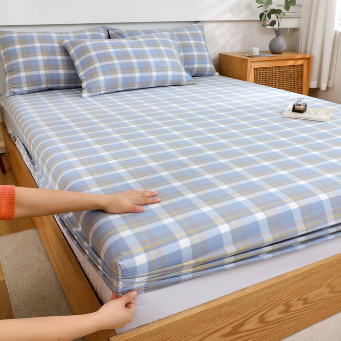 91家纺网 家纺一手货源 找家纺 春皖家纺 2026新款色织AB版水洗棉三件套四件套单品系列（单床笠-A版风格一） 素雅-蓝格