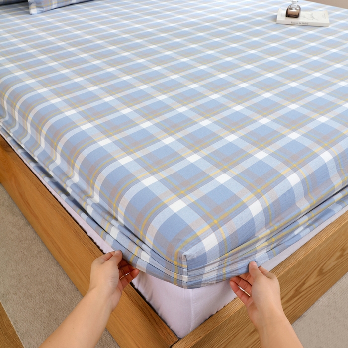 91家纺网 家纺一手货源 找家纺 春皖家纺 2026新款色织AB版水洗棉三件套四件套单品系列（单床笠-A版风格一） 素雅-蓝格