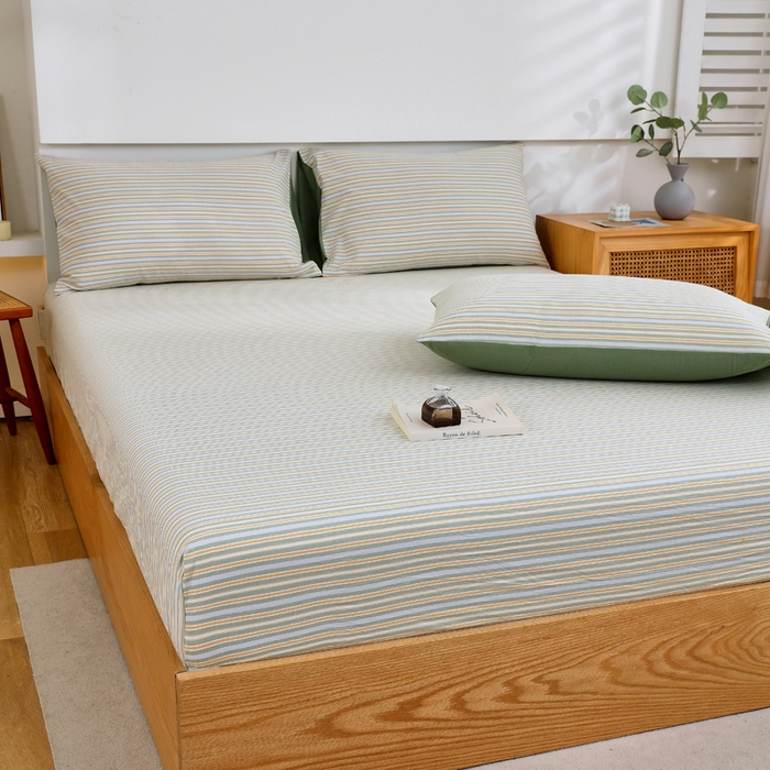 91家纺网 家纺一手货源 找家纺 春皖家纺 2026新款色织AB版水洗棉三件套四件套单品系列（单床笠-A版风格一） 素雅-绿条