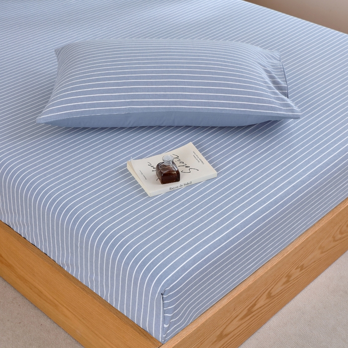 91家纺网 家纺一手货源 找家纺 春皖家纺 2026新款色织AB版水洗棉三件套四件套单品系列（单床笠-A版风格一） 素雅-蓝条