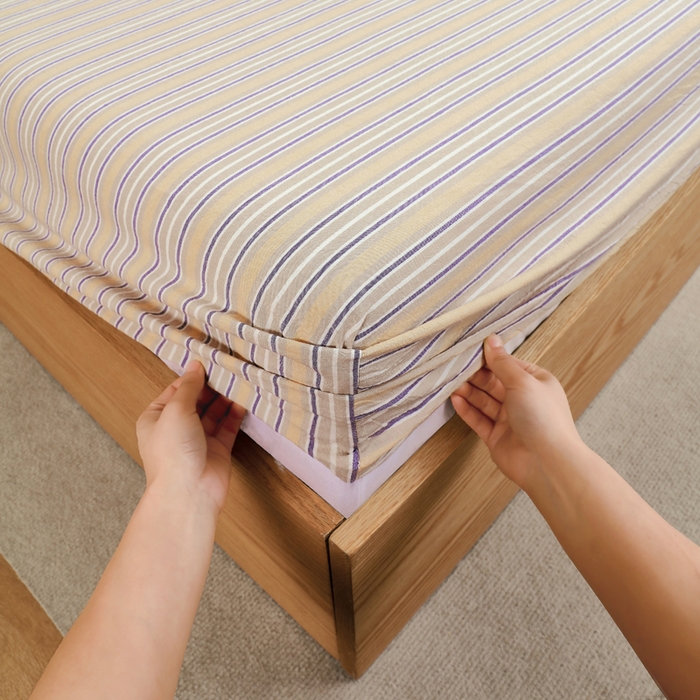 91家纺网 家纺一手货源 找家纺 春皖家纺 2026新款色织AB版水洗棉三件套四件套单品系列（单床笠-A版风格一） 素雅-杏黄纹