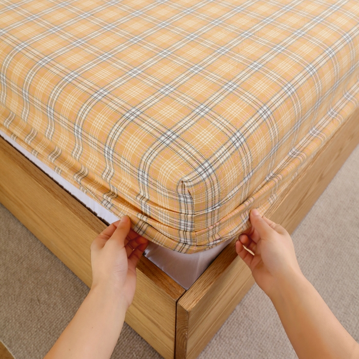 91家纺网 家纺一手货源 找家纺 春皖家纺 2026新款色织AB版水洗棉三件套四件套单品系列（单床笠-A版风格一） 素雅-黄条