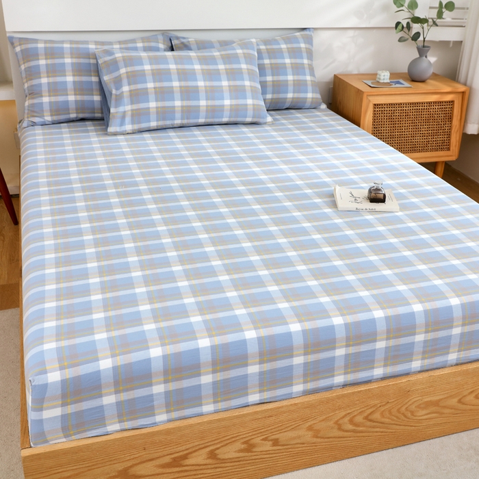 91家纺网 家纺一手货源 找家纺 春皖家纺 2026新款色织AB版水洗棉三件套四件套单品系列（单床笠-A版风格一） 素雅-蓝格