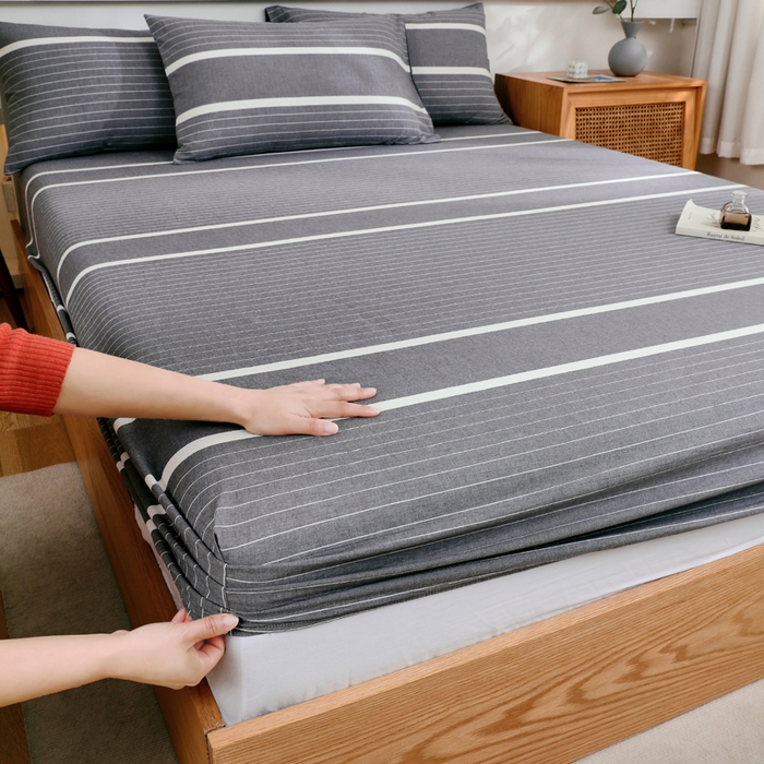 91家纺网 家纺一手货源 找家纺 春皖家纺 2026新款色织AB版水洗棉三件套四件套单品系列（单床笠-A版风格一） 素雅-灰条