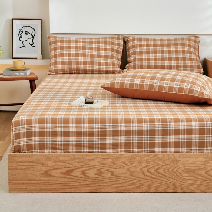 91家纺网 家纺一手货源 找家纺 春皖家纺 2026新款色织AB版水洗棉三件套四件套单品系列（单床笠-A版风格一） 素雅-黄格