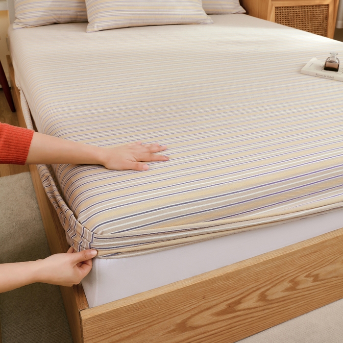 91家纺网 家纺一手货源 找家纺 春皖家纺 2026新款色织AB版水洗棉三件套四件套单品系列（单床笠-A版风格一） 素雅-杏黄纹