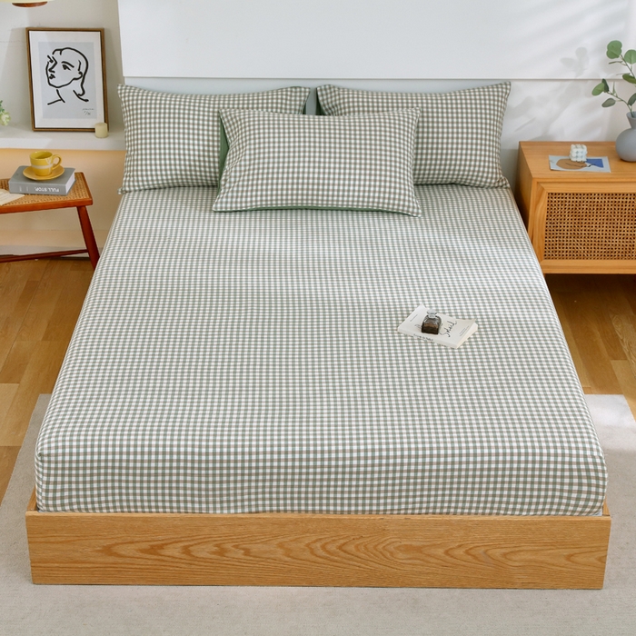 春皖家纺 2026新款色织AB版水洗棉三件套四件套单品系列（单床笠-A版风格一） 素雅-绿格