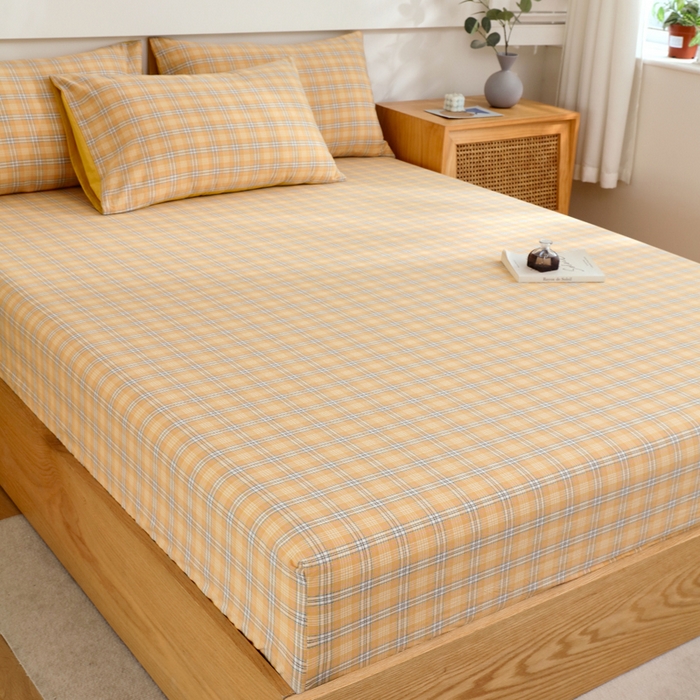 91家纺网 家纺一手货源 找家纺 春皖家纺 2026新款色织AB版水洗棉三件套四件套单品系列（单床笠-A版风格一） 素雅-黄条