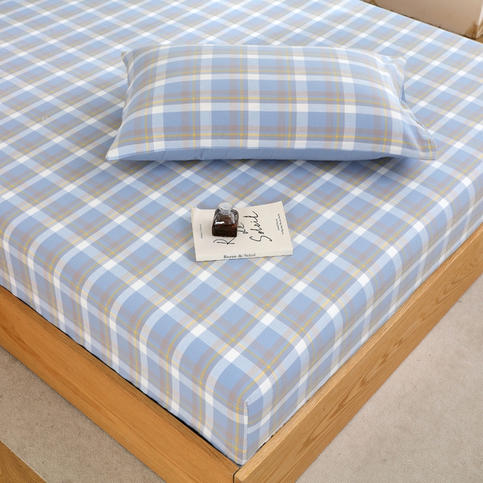 91家纺网 家纺一手货源 找家纺 春皖家纺 2026新款色织AB版水洗棉三件套四件套单品系列（单床笠-A版风格一） 素雅-蓝格