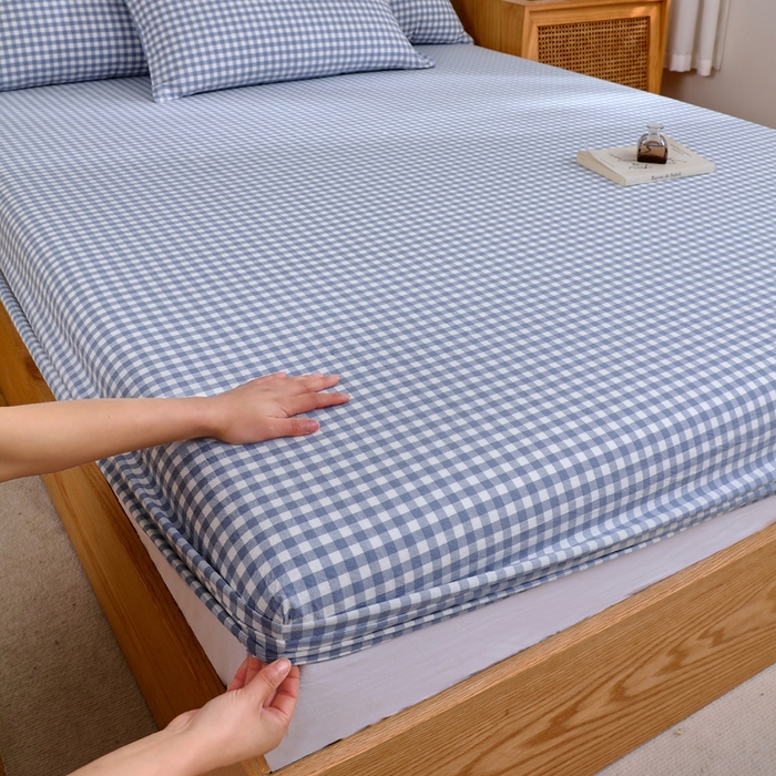 91家纺网 家纺一手货源 找家纺 春皖家纺 2026新款色织AB版水洗棉三件套四件套单品系列（单床笠-A版风格一） 素雅-蓝小格