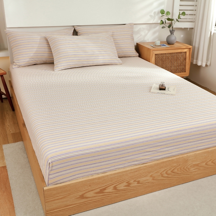 91家纺网 家纺一手货源 找家纺 春皖家纺 2026新款色织AB版水洗棉三件套四件套单品系列（单床笠-A版风格一） 素雅-杏黄纹