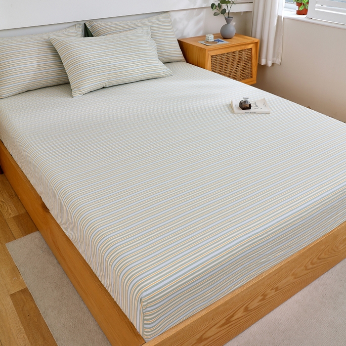 91家纺网 家纺一手货源 找家纺 春皖家纺 2026新款色织AB版水洗棉三件套四件套单品系列（单床笠-A版风格一） 素雅-绿条