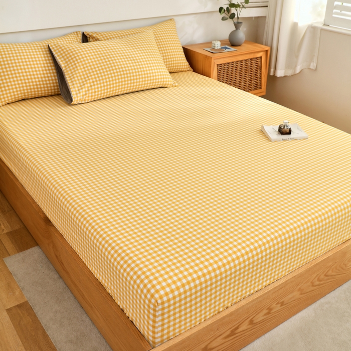 91家纺网 家纺一手货源 找家纺 春皖家纺 2026新款色织AB版水洗棉三件套四件套单品系列（单床笠-A版风格一） 朱羽-黄格